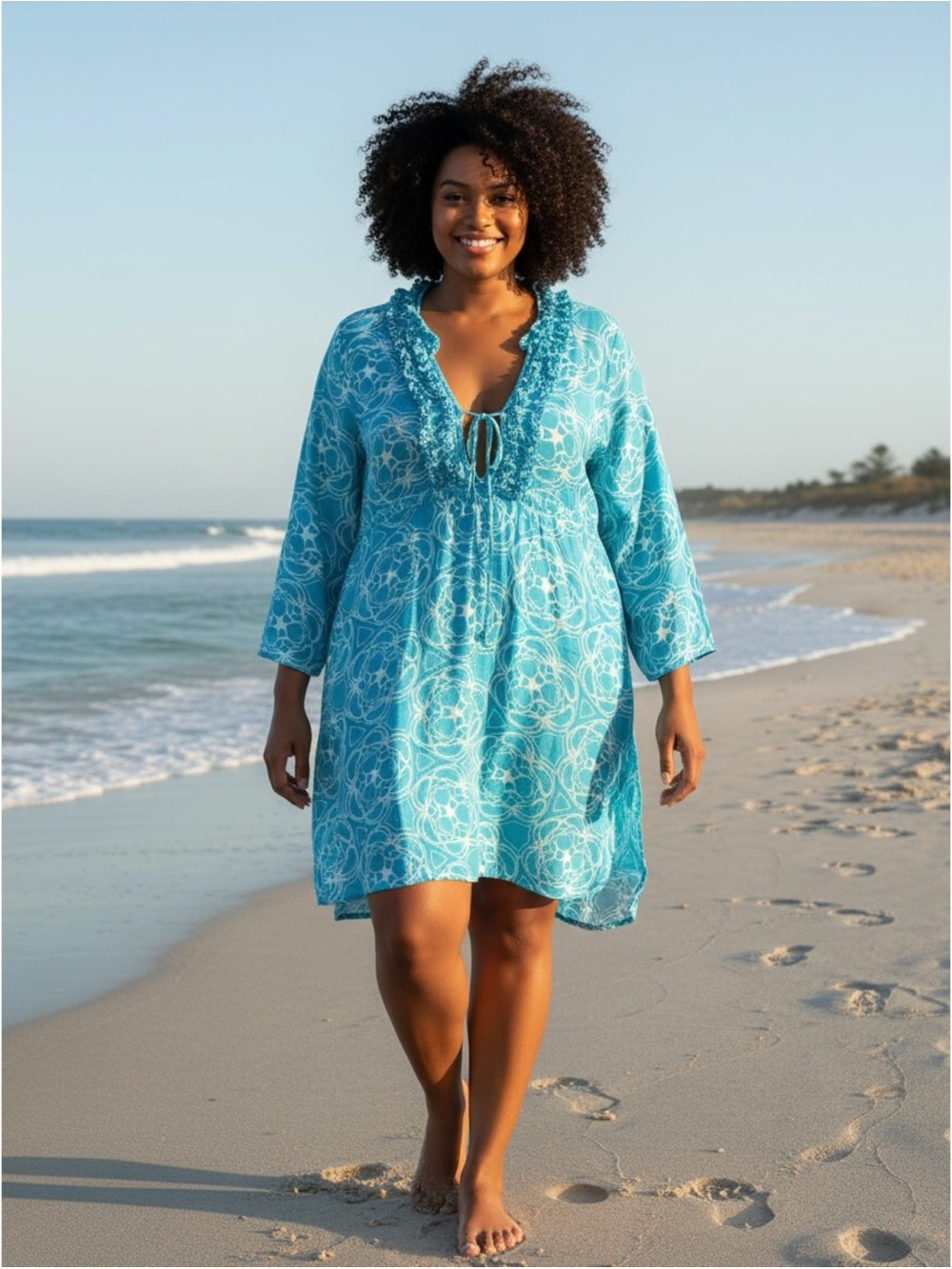Mud Pie Beach Large Blue White 100% Linen Cover Up Tunic Swim Kaftan Boho Resort